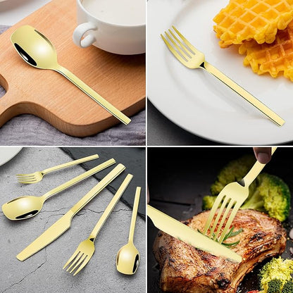 Gold Silverware Set for 8, 40-Piece Stainless Steel Flatware Cutlery Set With Titanium Gold Plated, Kitchen Eating Utensils Set Include Knife Fork Spoon Set, Dishwasher Safe