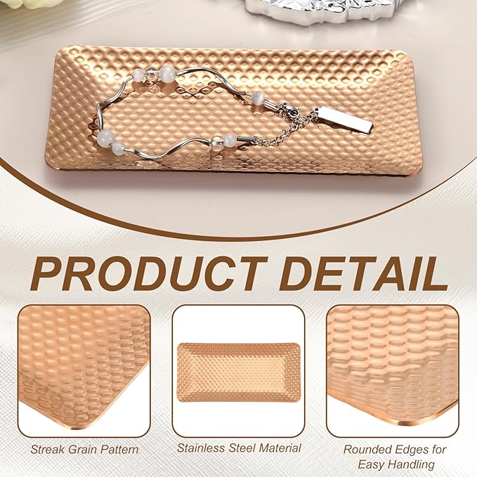 uxcell Decorative Tray, 5.9x3 Stainless Steel Rectangular Glossy Serving Tray with Hammer Pattern for Dessert Napkin Towel Candle Jewelry Bathroom Platter, Stackable, Rose Gold