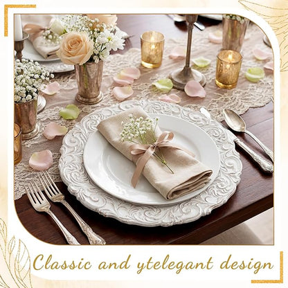 30 Pcs Antique White Charger Plates Bulk 13 Inch Embossed Rim Plastic Round Decorative Vintage Plates Charger for Dinner Wedding Party Event Table Setting Decoration (Classic)
