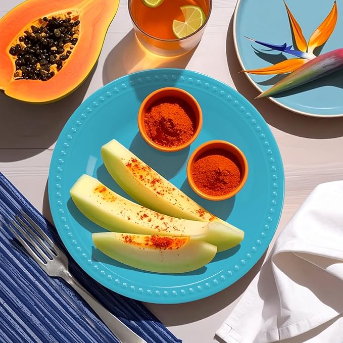 Melamine Beaded Dinner Plate Set of 6, BPA Free, Chip & Break Resistant, Lightweight, Great for Dining, Weddings & Everyday Meals, Aqua, 11in