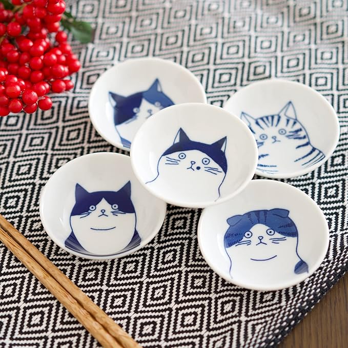 Japanese Cat Ceramic Small Plates - Set of 5 - Great Gift for Cat Lovers, 5 Cats 3.5in