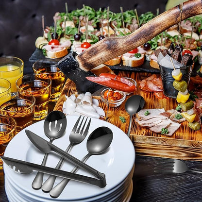 Patelai 15 Pcs Black Stainless Steel Serving Utensils Set 8.7" Large Spoons and Slotted Spoon 9.45" Tong 9" Forks Flatware Wedding Valentine's Day Holiday Party Buffet Banquet Cooking Kitchen Catering