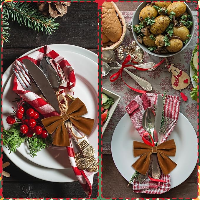 12 Pcs Brown Christmas Bow Napkin Rings,Chic Xmas Velvet Napkin Ring Holders for Holiday Serviette Birthday Anniversary Party Dinner Wedding Dining Tableware Decoration
