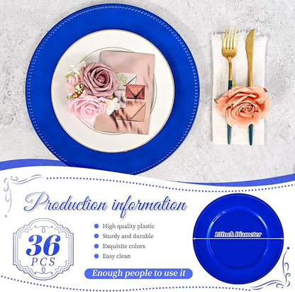 36 Pcs Royal Blue Charger Plates Round Charger Plates13 Inch Bulk Wedding Dinner Elegant Reusable Plastic Chargers Plates Wedding Holiday Party Baby Shower Event Decoration (Royal Blue)
