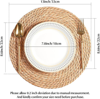Round Woven Placemats 13 inch Set of 6 - Boho Rattan Placemats Natural Water Hyacinth Placemat, Farmhouse Weave Place Mats, Rustic Braided Wicker Table Mats for Dining Table,Home,Wedding