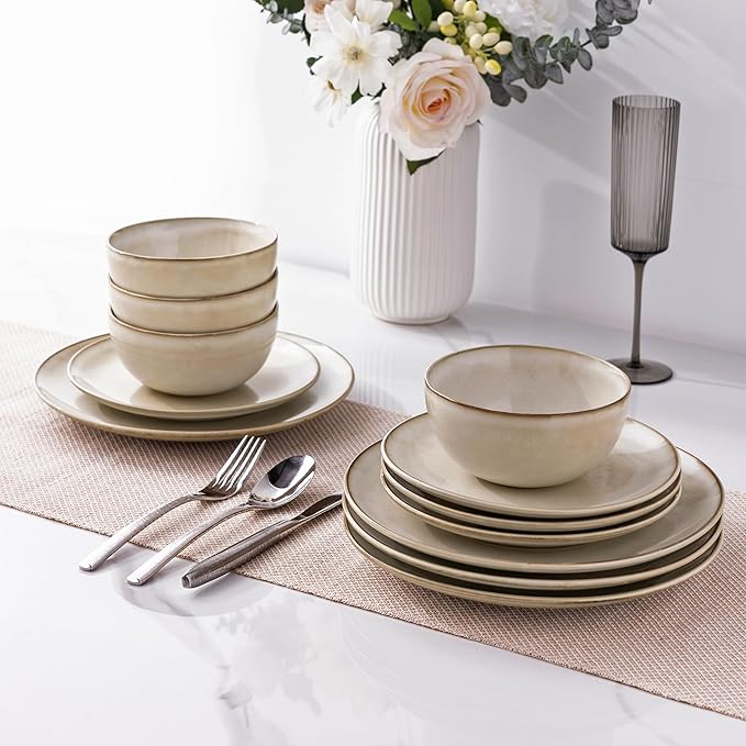 GBHOME Ceramic Dinnerware Sets for 6, 18 Pieces Stoneware Plates and Bowls Sets, Reactive Glaze Dishes -Scratch Resistant, Dishwasher&Microwave Safe-Cappuccino