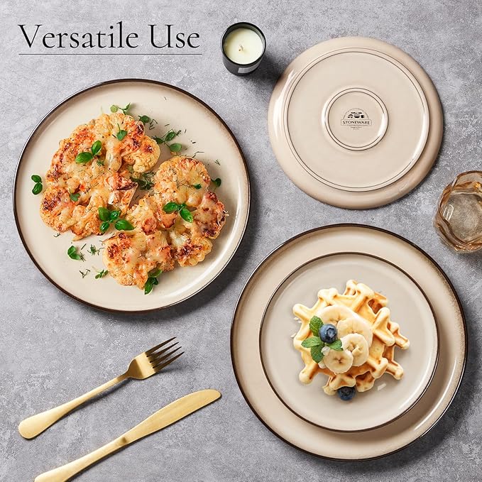 E-far 10.5” Ceramic Dinner Plates Set of 6, Large Reactive Glaze Stoneware Dishes, Round Salad Plate for Home Kitchen Restaurant, Microwave & Dishwasher Safe – Sandy Beige