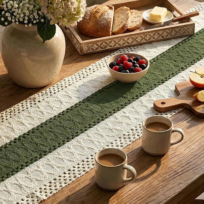 Artoid Mode Army Green Farmhouse Rustic Table Runner, Seasonal Holiday Hollow Kitchen Dining Table Decoration for Home Party Decor 12x60 Inch