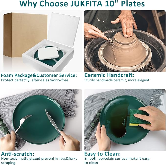 10 Inch Dinner Plates, Matte Green Ceramic Plates Set of 3, Scratch, Microwave & Dishwasher Safe