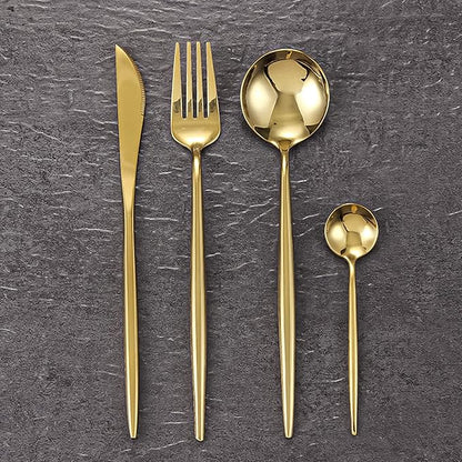 24 pcs Flatware Set, Gold Stainless Steel Flatware Set for 6, Knife Fork Spoon, Home Dinnerware Tableware Set for 6, Cutlery Set, Include Knives/Forks/Spoons…