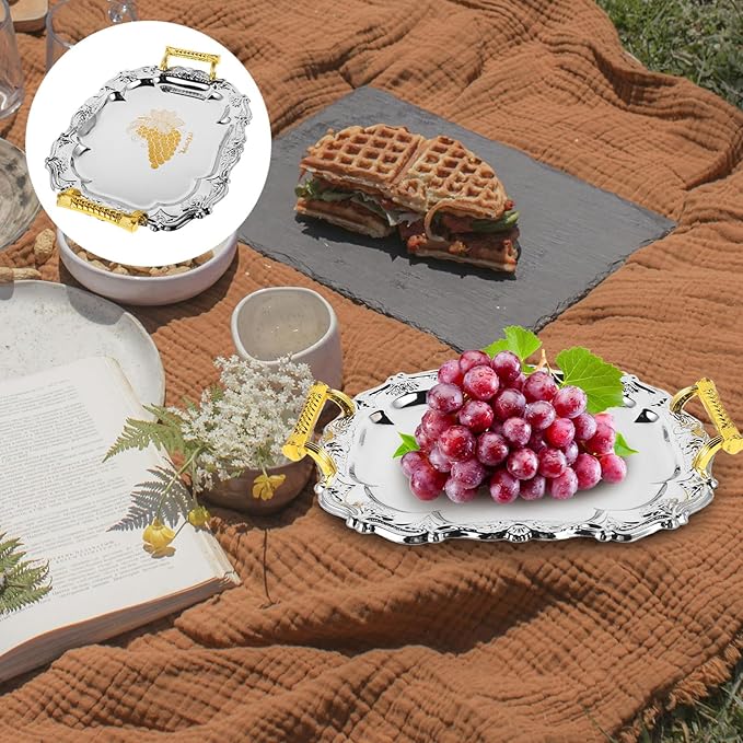 Luxshiny Stainless Steel Serving Tray with Handles European Style Vintage Platter for Snacks Beverages and Appetizers for Home Restaurant and Event Use