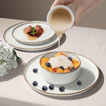 Herogo 6 Pieces Stoneware Dinnerware Dishes Sets for 2, Kitchen Handmade Dining Plates and Bowls Sets, Double Reactive Glaze, Microwave & Dishwasher Safe, Scratch Resistant, Ivory White