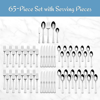 Mikasa Harmony 65-Piece 18/10 Stainless Steel Flatware Set, Service for 12, Polished Silverware with Serving Utensils, Dishwasher Safe