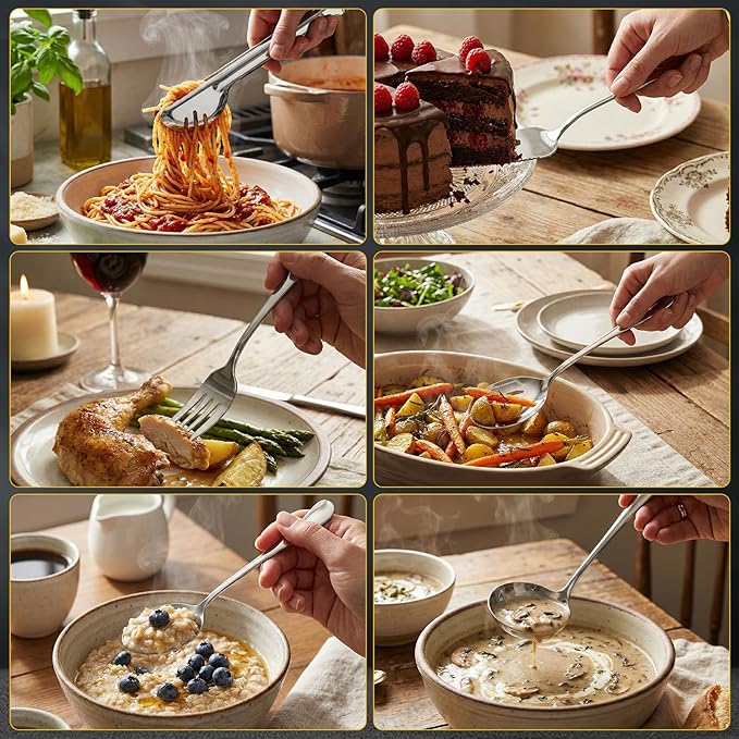 12 Pcs Silver Serving Utensils Set Include Stainless Steel Large Serving Spoons Slotted Spoons Forks Soup Ladle Pie Server - Metal Utensils for Parties Buffet Catering, Dishwasher Safe
