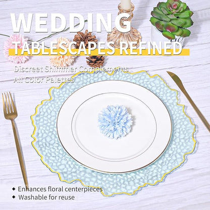 10 Pcs Clear Charger Plates 13 Inch Hammered Blue Plastic Charger Plates with Gold Rim, Transparent Blue Chargers for Dinner Plate, Stone Texture Plate Round Chargers for Wedding Party, Event