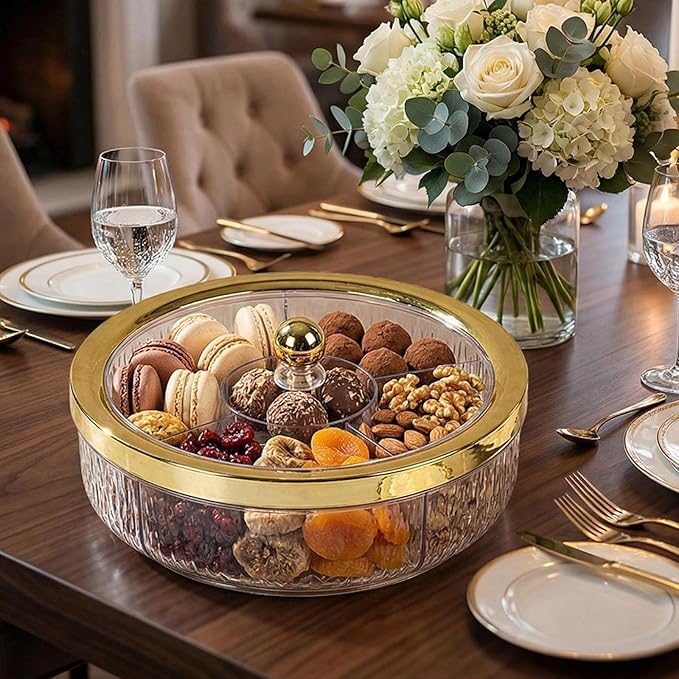 Divided Serving Tray with Transparent Lid Rotating Snack Tray Appetizer Platter Divided Dessert Dish Suitable for Living Room Gatherings GIF, Golden Ball