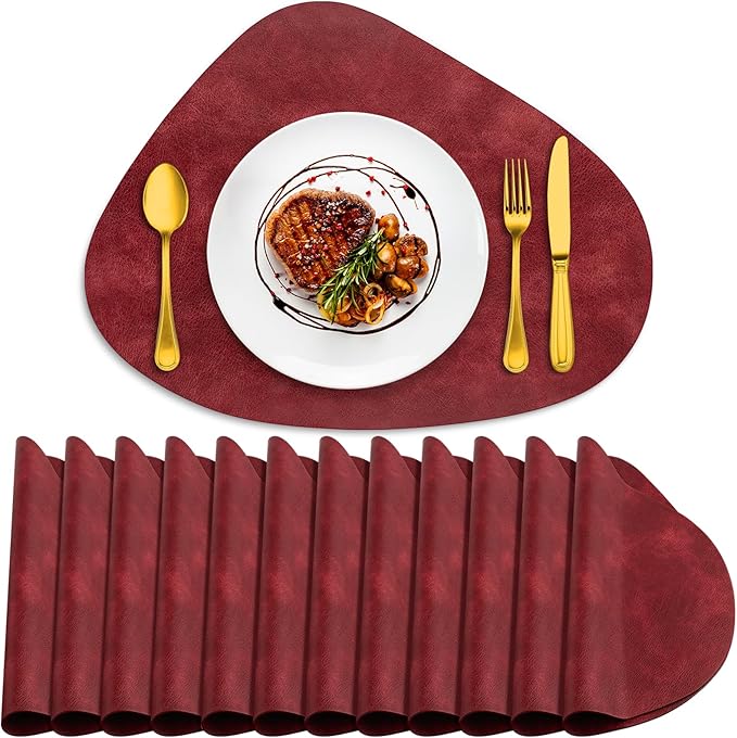 ADRIMER Placemats, Heat Resistant Round Placemats Set of 12 Washable 13 x 17 Inch, Waterproof Table Mats Wipeable for Kitchen, Dining Room Table Christmas Decor, Wine Red