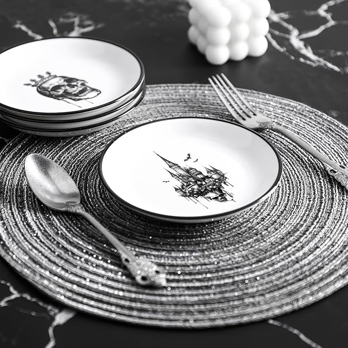 Halloween Pattern Ceramic Seasoning Dishes Sauce Dish Sushi Dipping Bowl Appetizer Plates Tea Bag Holder Serving Dish for Kitchen, Decoration for Halloween, 5 Inch, 4 PCS Set