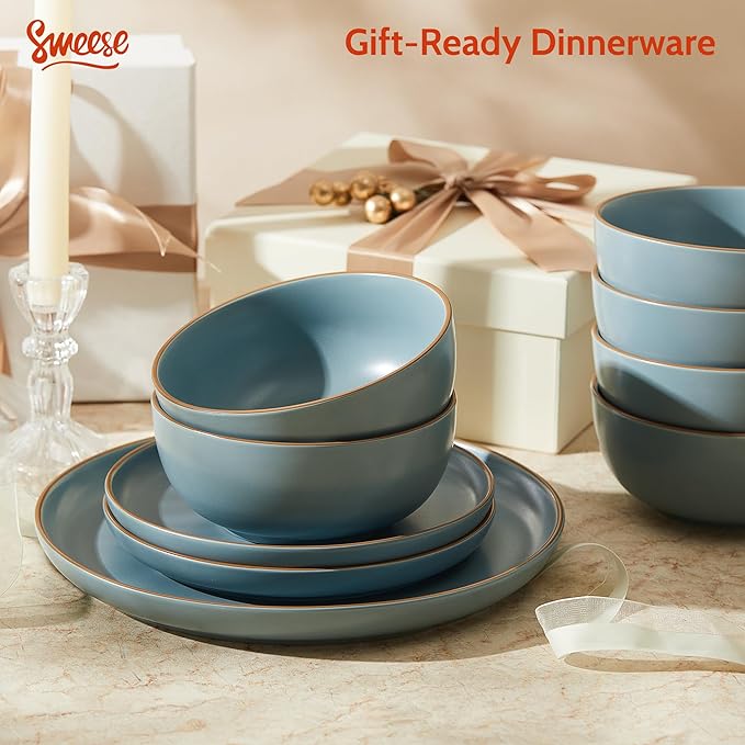 Sweese Dinnerware Sets Service for 6, 18 pcs Matte Glaze Plates and Bowls Sets, Handmade Porcelain Dish Set, Highly Chip and Crack Resistant Modern Dinner Set, Dark Blue