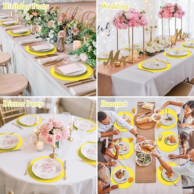 SHACOS 100 pcs Round Paper Placemats Disposable 13 inch Colored Paper Decorative Place Mats for Wedding Birthday Party Bridal Baby Shower Events Table Decoration, Yellow