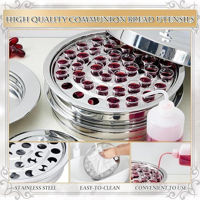 Zhehao 4 Sets Holy Communion Trays for Churches with Lid, Including 300 Disposable Communion Cups, 3 Churches Cup Fillers, 3 Spouts (Silver)