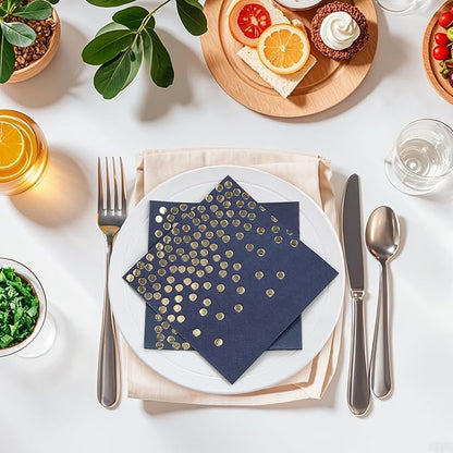 80 Pack of Paper Cocktail Napkins with Gold Foil Polka Dot Confetti，Polka Dot Party Supplies(5 x 5 in，2-ply) (80, blue gold)
