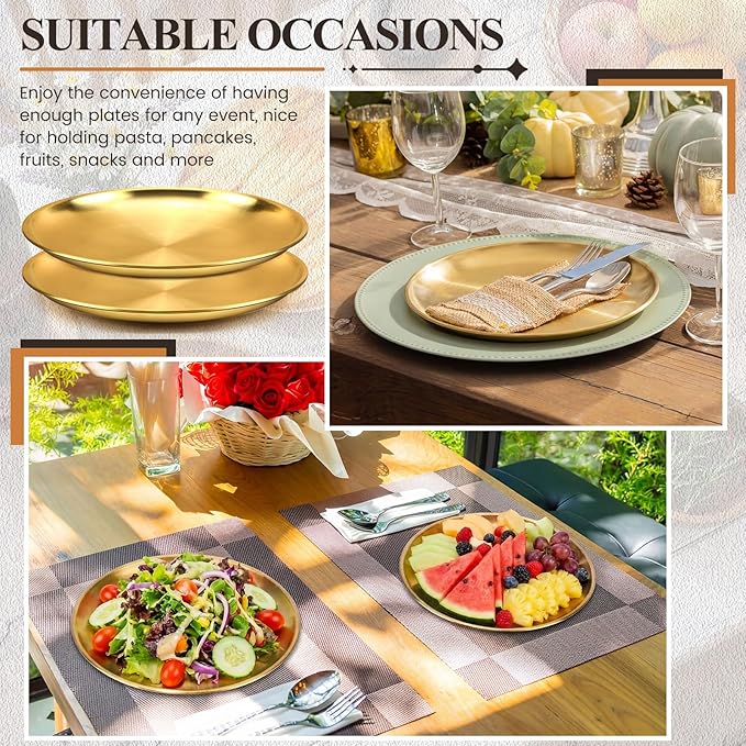 Nuogo 20 Pieces Stainless Steel Gold Plates 9 Inch Gold Dinner Plates Metal Serving Tray Dessert Dishes for Bbq, Salad, Snack, Desserts, Food Serving, Outdoor Camping
