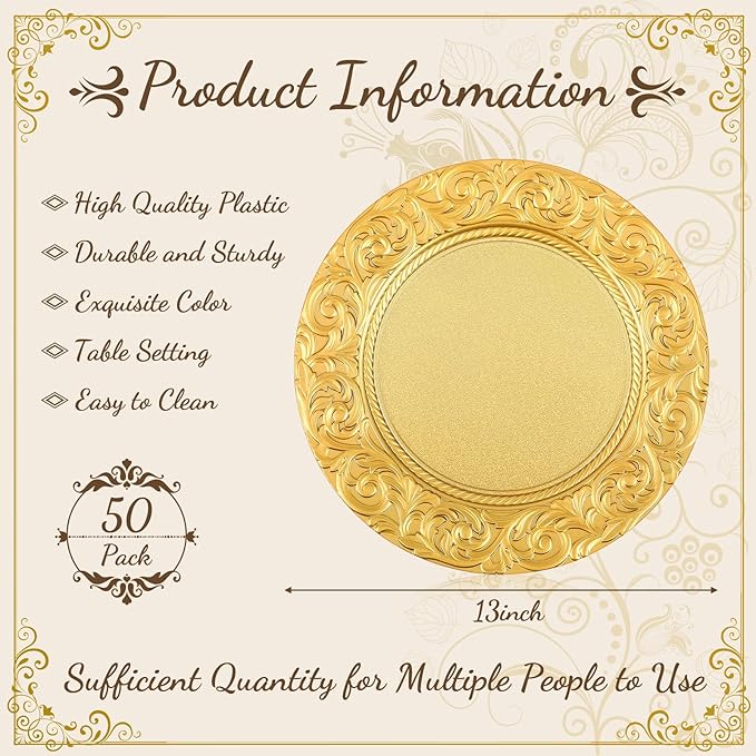 Uiifan 50 Pcs Antique Charger Plates Bulk 13 Inch Embossed Rim Plastic Decorative Round Plates for Dinner Wedding Party Event Table Setting Decoration (Gold,50 Pcs)