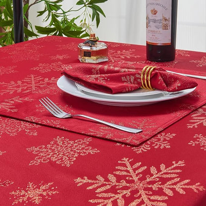Rectangle Fancy Metallic Sparkling Snowflake Christmas Fabric Table Cloth red Hunter Gold Navy White Silver No-Iron Soil Resistant Woven Holiday Table Cover(Red Gold/60x84Inch)