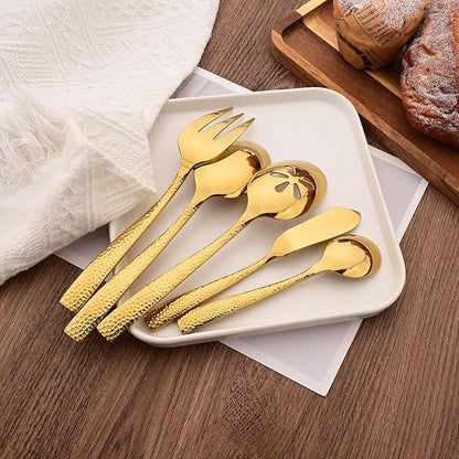 Serving Utensils Set, 5-Piece 18/8 Stainless Steel Hostess Serving Set, Elegant Hammered Serving Utensils for Home Restaurant and Buffet Catering, Heavy and Mirror Polished, Gold