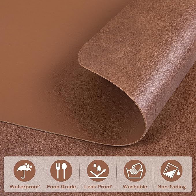 Faux Leather Placemats Set of 6, Vinyl Placemats Wipeable Waterproof Oil-Proof Table Mats, Heat Resistant Place Mats, Table Mats for Kitchen Indoor Outdoor, 15.8 x 11.8 Inch (Brown)