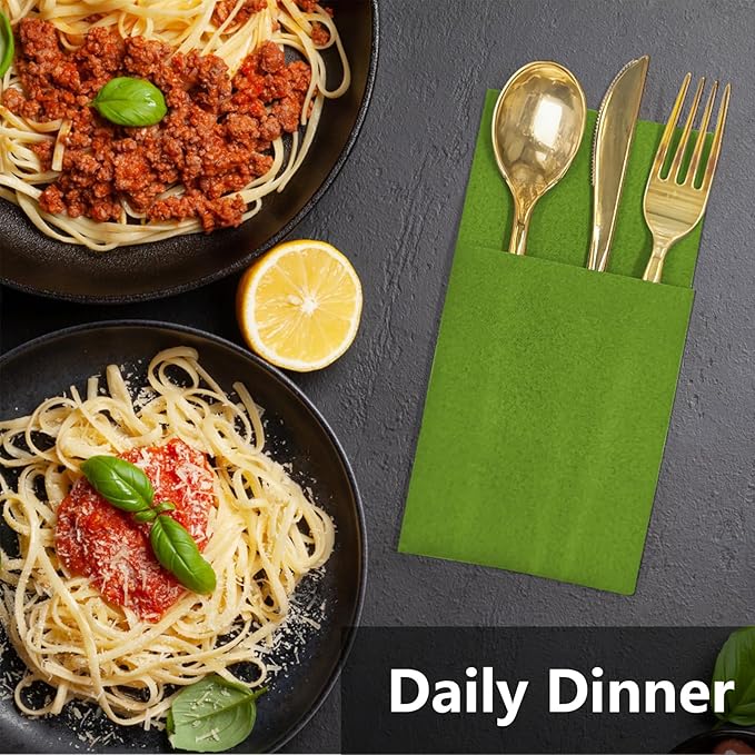 Meadow Linen Feel Napkins with Flatware Pocket, 50 Pack Cloth Like Pre-Folded Napkins for Silverware, Guest Hand Towel for Dinner Party Wedding Decoration (16. x 15.5 inch)
