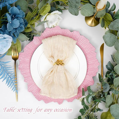 50 Pack Pink Charger Plates Bulk, 13" Plastic Reef Chargers for Dinner Plates, Round Charger Plate with Floral Reef Design for Dinner Wedding Party Table Setting Decoration