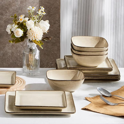 E-far Square Plates and Bowls Sets, 12-Piece Stoneware Dinnerware Sets for 4, Reactive Glaze Dish Set, Chip and Scratch Resistant, Microwave and Dishwasher Safe, Sandy Beige