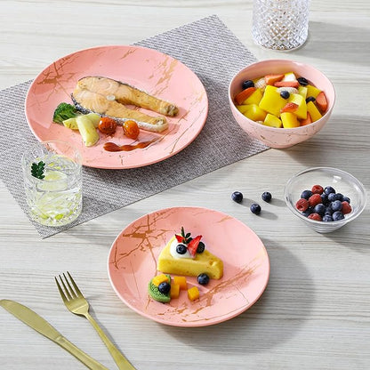 LOVECASA Pink Dinnerware Sets for 4, 12 Piece Porcelain Plates and Bowls Sets, Gold Splash Dish Set, Modern Ceramic Dinner Set, Dishwasher Microwave Safe