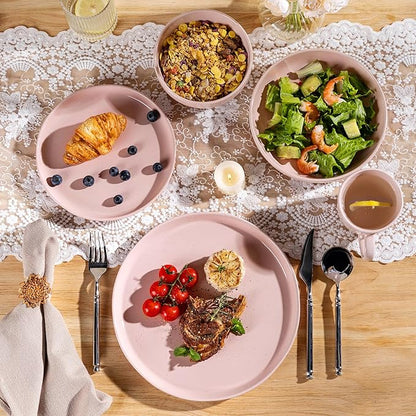 GBHOME 24-Piece Ceramic Dinnerware Set for 6, Handpainted Plates, Pasta Bowls & Bowls Set with Rustic Terracotta Underside, Scratch-Resistant, Dishwasher & Microwave Safe,Speckled Glaze Pink
