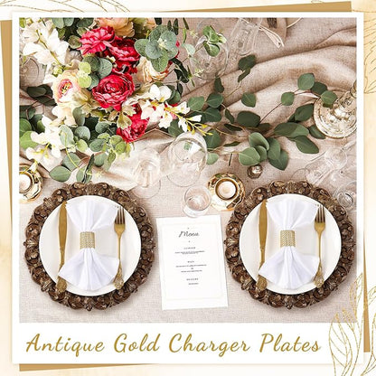 12 Pcs Antique Gold Charger Plates Bulk 13 Inch Embossed Rim Plastic Round Decorative Vintage Plates Charger for Dinner Wedding Party Event Table Setting Decoration (Vintage)