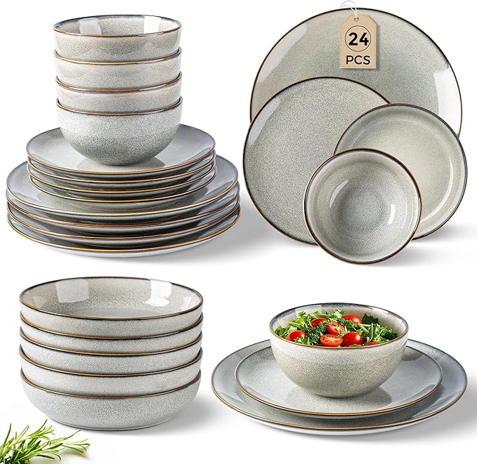 GBHOME 24 Pieces Ceramic Dinnerware Sets for 6, Stoneware Plates and Bowls Set with Reactive Glaze, Scratch Resistant Stoneware Dishes Set, Dishwasher & Microwave Safe