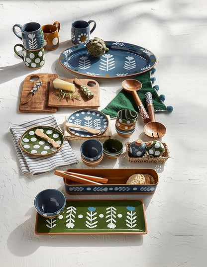 Mud Pie Dotted App Set, plate 6 1/2" dia, spreader 5 1/2", towel 21" x 14", Blue