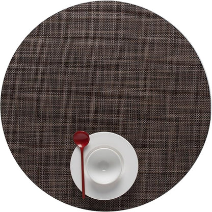 Chilewich Mini Basketweave Placemats in Dark Walnut - Set of 4 - Easy Care Woven Tabletop Textiles - Indoor/Outdoor - 15" Round