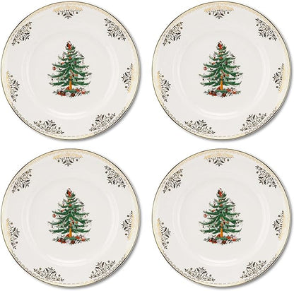 Spode Christmas Tree Gold Dinner Plate (Set of 4) – 10 Inch Porcelain Dinner & Appetizer Dish, Holiday-Themed Serving Plate, Microwave & Dishwasher Safe, Festive Collectible Seasonal Dining