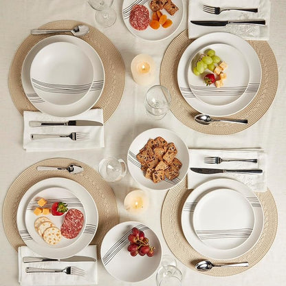 Tabletops Gallery 12-Piece Embossed White Black Striped Stoneware Dinnerware Set of Kitchen Dishes, Round Dinner Salad Plates Cereal Bowls, Service for 4, Skye