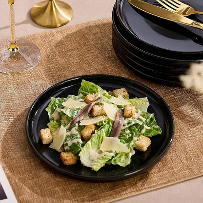 Ceramic Appetizer Plates Set of 6,Black Dessert Plates 8 Inch,Small Dinner Plates,Modern Round Salad Plates,Porcelain Serving Dishes for Pasta,Snack,Bread,Dessert,Sushi Microwave & Dishwasher Safe