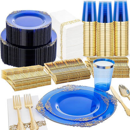 Nervure 350PCS Blue Plastic Plates - Blue Plastic Dinnerware Sets for 50 Guests - 100 Disposable Plates, 150 Gold Silverware, 50 Cups, 50 Napkins for Wedding & Party & Thanksgiving Day