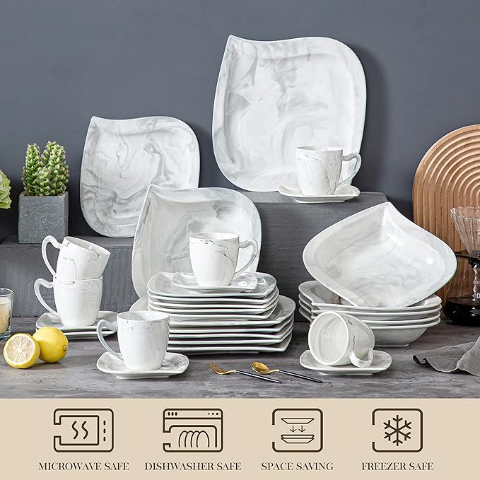 MALACASA Marble Grey Dinnerware Sets, 30-Piece Porcelain Dinnerware Set, Modern Plates and Bowls Set with Dinner Plate, Dessert Plate and Salad Pasta Bowl, Cup and Saucer, Service for 6, Series Elvira