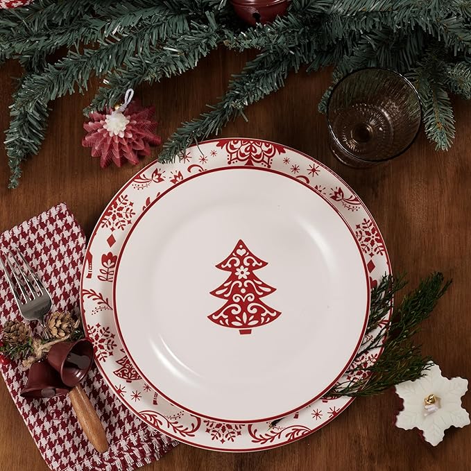 Bico Holly Jolly Dinner Plates Set of 4, 11 Inch Large Ceramic Plates for Pasta, Steak, Stylish Serving Dishes, Microwave and Dishwasher Safe, Gift for Housewarming and Christmas
