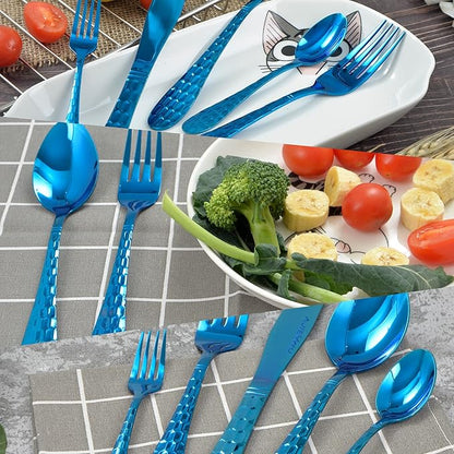 Hammered 20-Piece Silverware Set for 4, 18/10 Stainless Steel Flatware Silverware Set, Unique Design Knife Fork Spoon Set for Home Kitchen Restaurant Wedding, Smooth Edge, Dishwasher Safe (Blue)