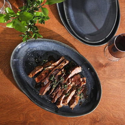 Gibson Elite Sandy Pines 3 Piece Oval Platter Set, 15.7”, 13.75” & 12” Stoneware Serving Platters, Reactive Glaze Finish, Blue, Microwave & Dishwasher Safe