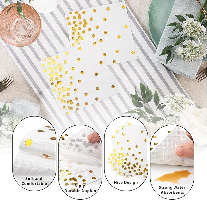 80 Pack of White Paper Cocktail Napkins with Gold Foil Polka Dot Confetti，Polka Dot Party Supplies(5 x 5 in，3-ply) (gold)