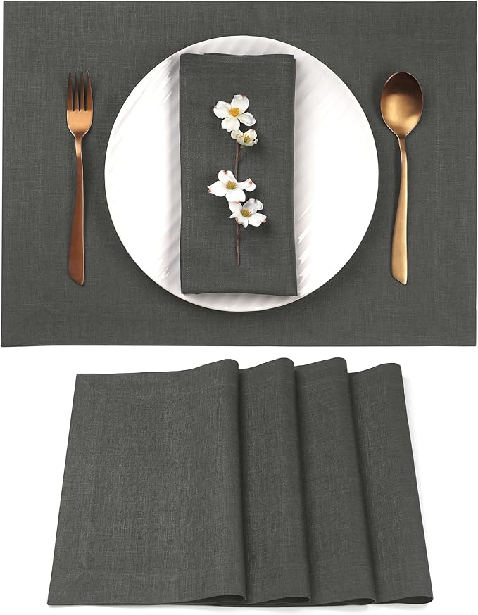 D'Moksha Homes Linen Charcoal Grey Placemats Set of 4-100% Pure Linen Placemats 14 x 19 Inch for Spring, Easter - Handcrafted and Machine Washable